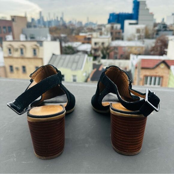 Franco Sarto Black Suede Sandal Size 7 Harlet 2 Block Heel Peep Toe bohemian - Picture 5 of 6